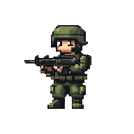 A pixelated soldier stands ready for action, rifle in hand, rendered in a muted, earthy color palette reminiscent of classic video games. The image captures a sense of duty and potential conflict.