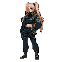 This pixel art image features a self-assured woman in tactical gear, her cool and serious demeanor hinting at urban combat or a post-apocalyptic world. With dark clothing, gloves, and potential weaponry, she embodies readiness and competence.