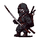 A cloaked rogue or ninja, masked and armed with a katana, crouches ready for action in this detailed pixel art image. The figure's dark attire and stance convey a sense of stealth and impending danger.