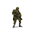 A pixel art soldier in full combat gear stands ready, rifle in hand, a portrait of vigilance in earthy tones.