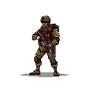 A pixel art soldier stands ready in full camouflage gear, rifle in hand, evoking a sense of serious preparedness. The earthy tones and detailed uniform create a classic military aesthetic.