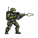 A pixel art soldier, clad in combat gear, intensely fires a rifle, the bright muzzle flash cutting through the stark black backdrop. The muted, realistic color palette and focused pose convey a sense of action and military tension.