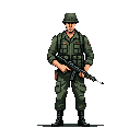 A stoic pixel art soldier stands at attention, rifle in hand, rendered in muted greens and browns, conveying a sense of duty.