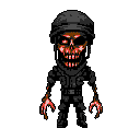 A terrifying pixel art skeleton in a dark uniform grins menacingly with glowing claws and a single burning eye, radiating an aura of death and horror.