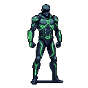 A mysterious, armored figure stands encased in a dark suit accented with vibrant neon green, suggesting a powerful, futuristic warrior. The stark color contrast and concealed face create an imposing and technologically advanced presence.