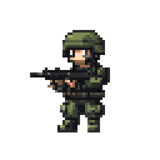 A pixel art soldier stands ready, rifle in hand, conveying a sense of focused determination. The muted green and black palette emphasizes the serious, action-oriented vibe of the centered character.