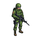 A pixelated soldier stands at attention, clad in full camouflage gear with a visor obscuring their face, emanating a serious and tactical vibe. The figure's readiness is emphasized by their grip on a rifle, set against a stark black background.
