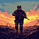 A lone, determined soldier stands ready amidst a war-torn landscape, rifle in hand. The muted color palette and ruined environment evoke a somber mood, hinting at the harsh realities of conflict. The vibrant sky offers a faint glimmer of hope against the desolation.