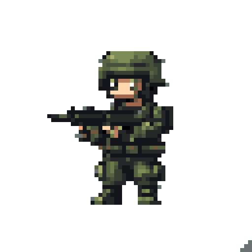A pixelated soldier stands ready for action, rifle in hand, rendered in a muted palette that evokes a sense of serious focus. This pixel art captures the intensity of a combat-ready warrior.