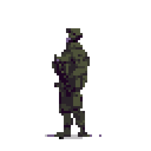 A pixel art soldier stands alert, rifle in hand, rendered in a muted green and gray palette.