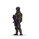 A pixel art soldier, armed and ready in olive green and gray, stands vigilant against a stark black backdrop. The image conveys a sense of tension and preparedness.