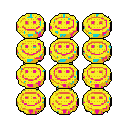 This pixel art features twelve vibrant, smiley-face medallions in a grid, rendered with a retro-futuristic aesthetic of neon yellow, pink, and cyan. The cheerful, coin-like tokens evoke a playful, retro-arcade vibe with their simple design and high-contrast colors.