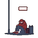 A lone, weary figure slumps in the darkness, their bowed head and posture conveying a sense of exhaustion and quiet despair. The minimalist, urban setting emphasizes the character's isolation and melancholic mood.