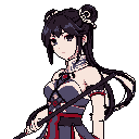 This pixel art features a poised anime-style character with striking red eyes and intricate tattoos, clutching a staff and adorned with coiled buns and ribbons. Her detailed outfit and alert expression are emphasized against a solid black background.