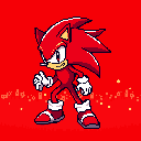 This pixel art depicts a fierce, red "Super" or "Dark" Sonic, posed dynamically and ready for action. The character's intense expression and predominantly red color scheme evoke a sense of power and urgency.