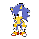 This pixel art image showcases the iconic Sonic the Hedgehog in a confident, upright pose. Rendered in vibrant, classic colors, the sprite captures the energetic spirit of the speedy video game hero.