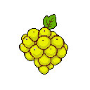 This pixel art piece features a vibrant bunch of yellow grapes with a single green leaf, rendered in a simple, iconic style reminiscent of retro video game items. The bright yellow pops against the solid black background, creating a visually striking and nostalgic image.