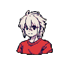 This pixel art portrait captures a young man with spiky white hair and a striking red shirt, his gaze suggesting a quiet, introspective mood. The anime-inspired style and limited color palette create a cool and slightly melancholic vibe.