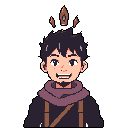 A cheerful pixel art portrait shows a smiling young man with a reddish-purple scarf and floating, fragmented gems above his head, suggesting a friendly and adventurous spirit.