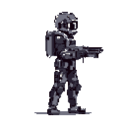 A pixel art soldier in futuristic armor stands ready, gripping an energy weapon with focused intensity. The monochromatic design highlights the character's preparedness for a serious, militaristic encounter.