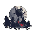 A menacing, horned creature with glowing red eyes dominates the scene as it hovers before a textured moon. Below, jagged rocks and pools of vivid red create a dark and ominous fantasy landscape.
