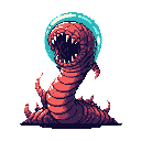 A retro-style pixel art monster, a segmented worm with sharp teeth, lunges forward, protected by a light blue helmet. This ominous creature, rendered in shades of red and purple, evokes classic sci-fi horror.