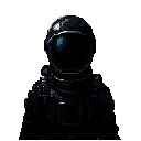 A mysterious figure in a detailed, dark spacesuit stands ready, the reflective visor hiding their face except for a single, bright blue glint. The monochromatic palette and intricate suit details create an intriguing and slightly ominous presence.