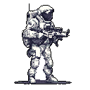 A pixel art soldier stands ready, rifle in hand, rendered in a monochromatic palette that evokes a sense of alertness and classic gaming aesthetics. The detailed combat gear and balanced stance suggest a mission about to begin.