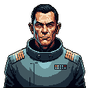 This pixel art portrait depicts a stern military officer in a dark uniform, complete with epaulettes and emblems, against a stark background. The limited palette and weathered features evoke authority and stoicism.