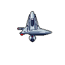 A retro-futuristic spacecraft, rendered in pixel art with cool greys and striking red accents, hovers in the stark emptiness of space. The sleek design and centered composition evoke a sense of technological power and silent readiness.