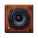 This pixel art showcases a vintage-style wooden audio speaker, rendered in warm, earthy tones. Details like the speaker cone texture, subtle wood grain, and small power button add to its nostalgic, functional charm against a stark black background.