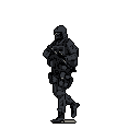 Pixel art depicts a heavily armed tactical operator in a ready stance, weapon in hand. The dark, monochromatic design and anonymous figure evoke a sense of intense vigilance.