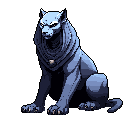 This pixel art features a majestic, blue and purple canine creature with a watchful gaze, seated against a stark void. Hints of gold in its eyes and a pendant around its neck add subtle detail to this powerful, mysterious beast.