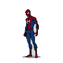 This pixel art image presents Spider-Man in a classic pose, his iconic red and blue suit rendered in bold, retro style. With a relaxed yet alert posture, the hero embodies subtle power and watchful readiness.