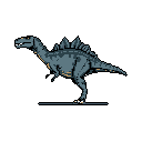 This pixel art showcases a powerful, spined dinosaur in profile, its detailed form rendered in muted blues and yellows against a stark black backdrop. The creature's alert posture and open mouth hint at its prehistoric might.