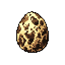 A pixel art egg, textured with brown splotches and cracks, sits against a stark black background. The earthy color palette and intricate detailing create an intriguing, almost expectant, feel.
