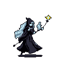 A skeletal mage strides forth from the darkness, wielding a star-topped staff and an ethereal blade. The figure's flowing robes and determined pose evoke a sense of otherworldly power against the stark, empty void.