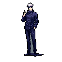 This pixel art captures the cool confidence of Gojo Satoru in his signature dark suit and sunglasses. The minimalist style emphasizes his iconic white hair and enigmatic gesture.