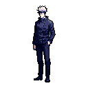 A cool and mysterious pixel art character with spiky white hair and covered eyes stands confidently in a dark uniform. The figure's relaxed pose and muted color palette create a striking, almost monochromatic image against a black backdrop.