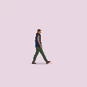 A pixelated man with brown hair, clad in a blue shirt and green pants, strides purposefully forward in a simple, unassuming style. His casual gait and forward gaze create a sense of relaxed movement.