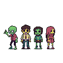 A quirky lineup of pixel art figures, featuring two zombies and two stylized characters with unique outfits and expressions. The diverse cast suggests a potentially whimsical and slightly macabre story.