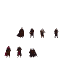 Nine cloaked figures stand together in pixelated form, their somber attire and static poses creating an aura of mystery. The characters, possibly representing different classes, are arranged in two rows against a black backdrop.