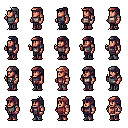 A grid of twenty unique, pixelated character sprites showcases variations of a single figure or group, each with subtle differences in clothing, hairstyles, and posture. The earthy color palette and simple design evoke a classic video game aesthetic, perfect for top-down or isometric perspectives.