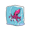 A vibrant pink octopus is frozen in time within a block of ice. Its wide, innocent eyes create a captivating, slightly melancholic scene in a retro pixel art style.