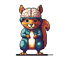 This pixel art features a squirrel standing upright, dressed in a teal jacket and blue pants, and humorously sporting a human brain as a hat. The quirky image is rendered in a retro-style palette, highlighting the squirrel's neutral expression and prominent bushy tail against a stark black background.