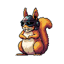 This pixel art features an adorable squirrel wearing a blue helmet with goggles and black headphones. The upright, inquisitive critter gives off a playful, adventurous vibe reminiscent of a video game character.
