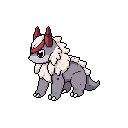 A gentle, quadrupedal creature with a soft, purplish-gray body and a fluffy mane is depicted in pixel art. Red horns and a matching forehead band add a touch of mystique to this uniquely designed, peaceful beast.