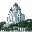 A majestic cathedral, rendered in cool-toned pixel art, sits atop a forested hill, its ornate domes and spires illuminated against a stark black night. The image evokes a sense of timeless grandeur and quiet solemnity.