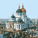 A majestic, multi-domed cathedral, rendered in pixel art, rises imposingly over a sprawling cityscape. The intricate architectural details and muted color palette evoke a sense of historical grandeur.