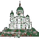 This pixel art showcases a majestic, ornate cathedral or palace rendered in intricate detail. The building's grand architecture, with its central dome and multiple tiers, is highlighted against a stark black background. The limited color palette evokes a sense of classic beauty and monumentality.